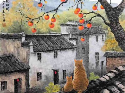 画家李向鸿老师新作，四尺斗方《柿檐相伴》四尺斗方